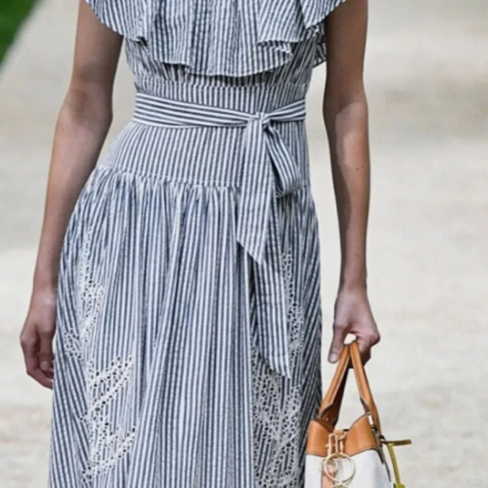 NWOT Tory Burch Summer 2019 Runway Stripe Eyelet Embroidered Maxi Dress S $548